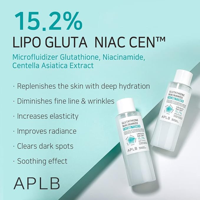 APLB Glutathione Niacinamide Facial Toner | LIPO GLUTA NIAC CEN™ 15.2% 5.41 FL.OZ/Korean Skincare, Replenishing Moisture, Revitalize for Gentle and Improve Skin Texture Through Niacinamide