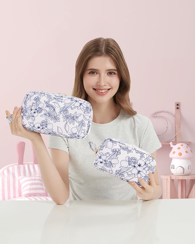 Narwey Small Makeup Bag for Purse Travel Makeup Pouch Mini Cosmetic Bag Zipper Pouch for Women (Little Navy Blue Flower, Small)