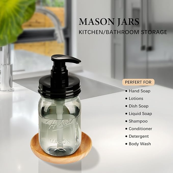 Amolliar Plastic Mason Jar Soap Dispenser with Pump Lid,16OZ Refillable Hand Soap Dispenser Set with Cute Lables, Farmhouse Decor for Kitchen Bathroom, Liquid Soap, Dish Soap (2 Pack, Black)