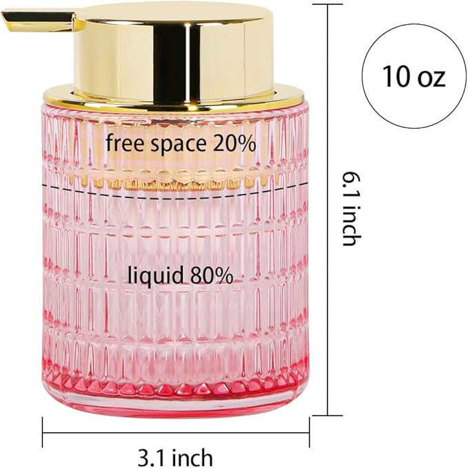Foaming Soap Dispenser, Pink Glass Foam Soap Dispenser for Bathroom and Kitchen, 10 Oz Refillable Foaming Pump Bottle with Large Pump, Ribbed Bottle Container Decor