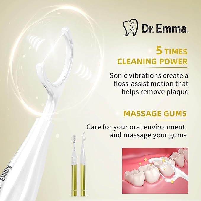 Dr. Emma Electric Vibration Flosser, Power Flosser for Adults, Gum Stimulator, Teeth Cleaner, Reusable Flossing Tool with Toothbrush, Water Flosser Alternative, Yellow