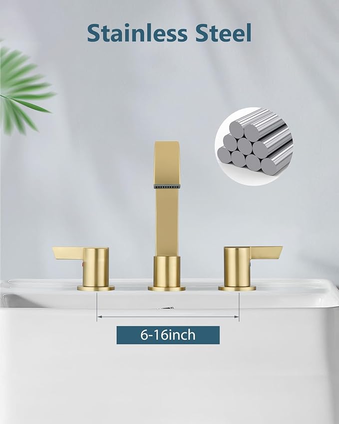 Aolemi Bathroom Faucets 3 Hole,8 Inch Widespread Waterfall Bathroom Sink Faucet,2 Handles Vanity Faucet with Pop-up Drain and Supply Hose,Brushed Gold