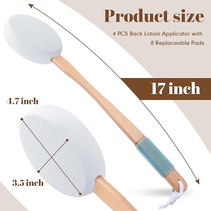 Sunnyray 12 Pcs 17 Inches Lotion Applicator for Back, 8 Replaceable Pads with 4 Long Handled, Long Handle for Easy Reach and Self Application of Body Wash, Shower Brush Back Sunscreen Applicator