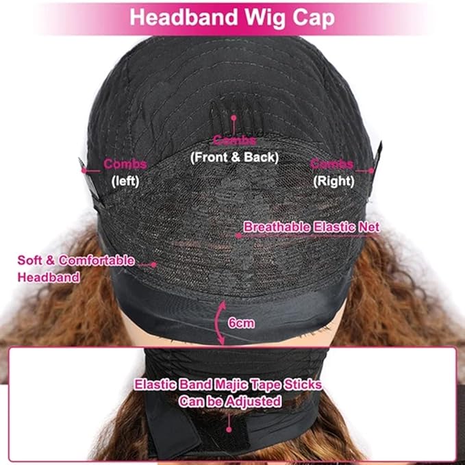XSY Deep Wave Headband Wig Human Hair Ombre Highlight 4/27# Curly Headband Wig Glueless Brazilian Virgin Human Hair Wigs for Black Women 150% Density 12 Inch