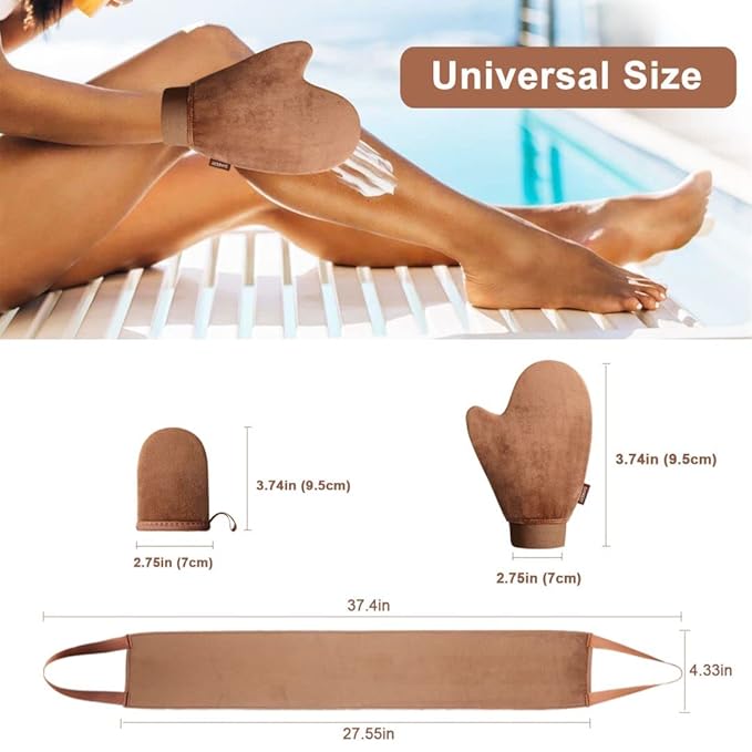 3-Pack Self Tanning Mitt Set Include Self Tanner Back Applicator with Velvet Soft Texture and Elastic Cuff Design - Perfect for Back, Legs & Full Body Application, Streak-Free Sunless Tanning at Home