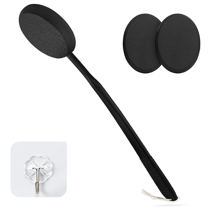19-Inch Long Handle Lotion Applicator for Back, 3 Washable Pads, Non-Slip Design, Ideal for Sunscreen, Tanning & Moisturizers, Fits Everyone (Black)
