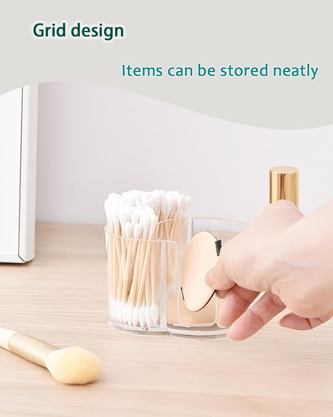 Makeup Pad Holder with Lid and Cotton Swab Storage, Clear Plastic 2-in-1 Dual Compartment Bathroom Vanity Organizer, Durable PS Canister for Cotton Rounds, Dental Flossers and Hair Ties