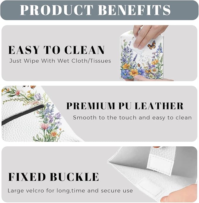 Wildflower Tissue Box Cover Colorful Spring Butterfly Garden Leather Tissue Box Holder Square Facial Paper Organizer Dispenser for Bathroom Kitchen Bedroom Vanity Countertop Night Stands