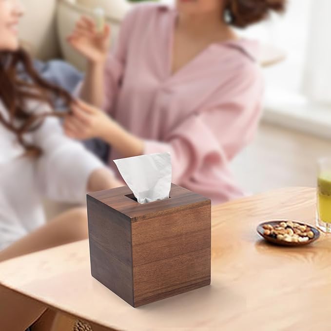 Tissue Box Cover, Square Tissue Box Holder, Acacia Wood Facial Paper Holder for Bathroom, Bedroom, Dinner Table, Office (1 Pack, 5.7 x 5.7 x 5.7 inch)