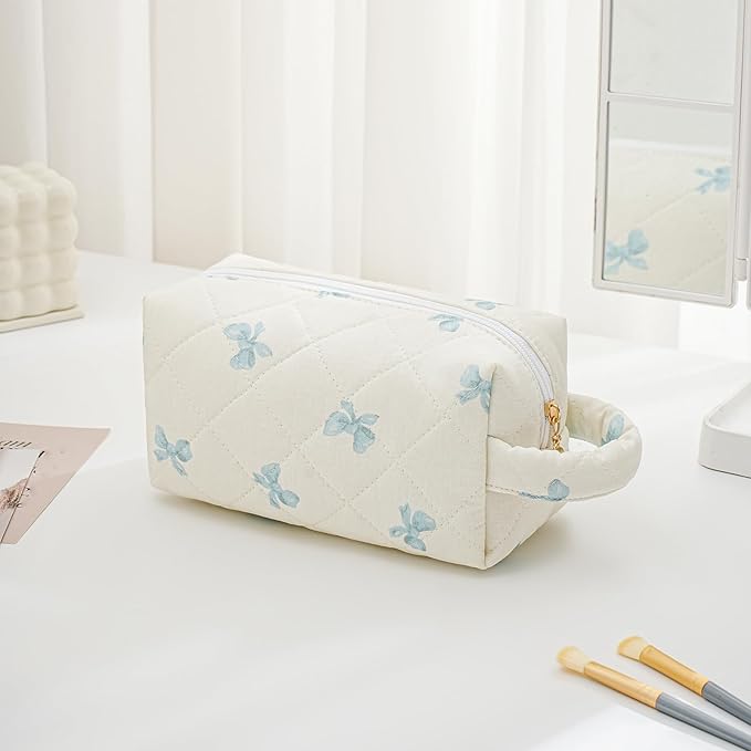 Makeup Bag Travel Cosmetic Bag for Women, Zipper Make Up Pouch, Floral Flowers Toiletry Organizer Makeup with Handle, Cosmetic Travel Cloth Bag (Blue Bow Tie)