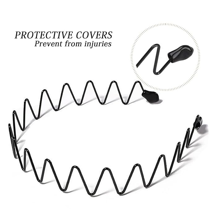 3-Pack Metal Headbands for Men & Women – Generous Fit for Larger Heads & Thick Hair – Black Wavy Non-Slip Hair Bands for Sports, Gym, Yoga and Daily Wear