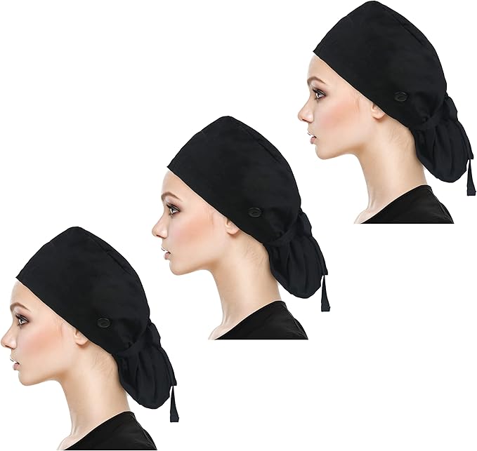 QBA Adjustable Working Cap with Button, Satin-Lined Hat, Cotton Working Hat Sweatband, Elastic Tie Back Hats Unisex