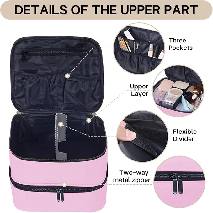 Double Layer Makeup Bag Portable Large Cosmetic Case Organizer with Adjustable Dividers Storage Travel Bag for Accessories Brushes Conditioner and Skin Care Products (Pink)