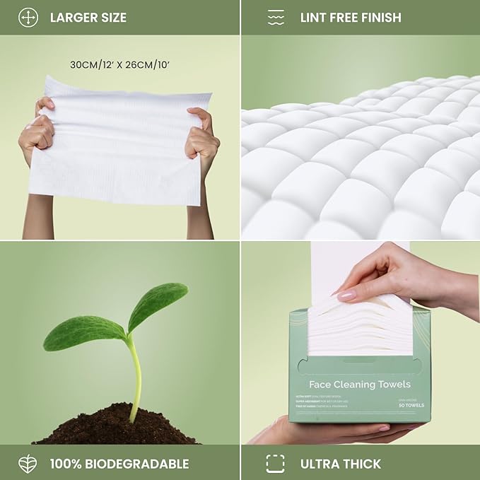 PLANTIFIQUE Disposable Face Towels XL 10"x12" - 100% Biodegradable Viscose Facial Towelettes for Women Skin Care - Face Cleaning Towel 15 Count