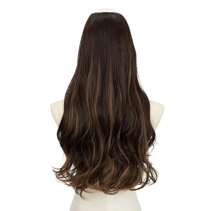 SARLA Clip in U Part Hair Extensions Synthetic Long Wavy Curly Thick Full Head Hairpiece for Women Dark Brown/Golden Blonde Highlights 24 Inch