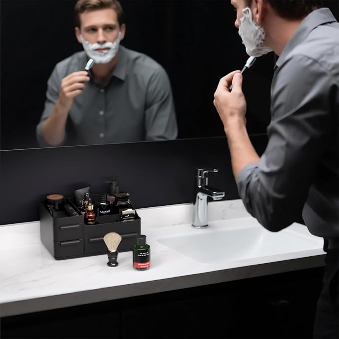 Mens Bathroom Countertop Organizer for Cologne - Vanity Organizer with Drawers for Men's Skincare, Shaving Kit, Razor, Deodorant & Perfume - Professional Grooming Station for Bathroom & Bedroom