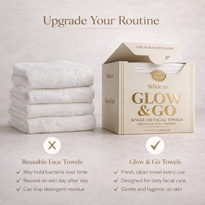 Glow & Go XL Disposable Face Towel 10x15 Inch, 100% Biodegradable Premium Towels for Fine Line Prevention & Radiant Skin, Chemical Free, 50 Count One Month Supply, 1 Pack