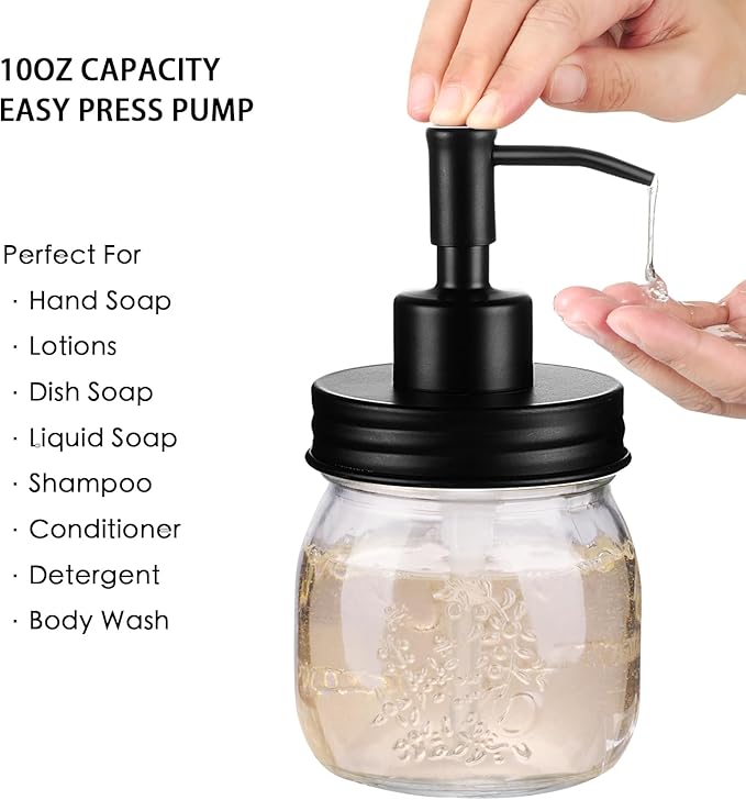 Amolliar Mason Jar Bathroom Accessories Set 4 Pcs -Lotion Soap Dispenser & 2 Qtip Holders & Toothbrush Holder - Rustic Farmhouse Decor, Bathroom Home Decor (Black)