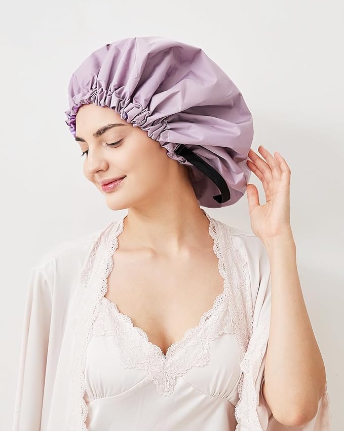 Aquior Shower Cap,Extra Adjustable Shower Caps for Women Double-Layer Waterproof Reusable Hair Cap, Large Size Hair Cap for All Hair,for Girls Spa Bath,Soft and Comfortable (Purple)