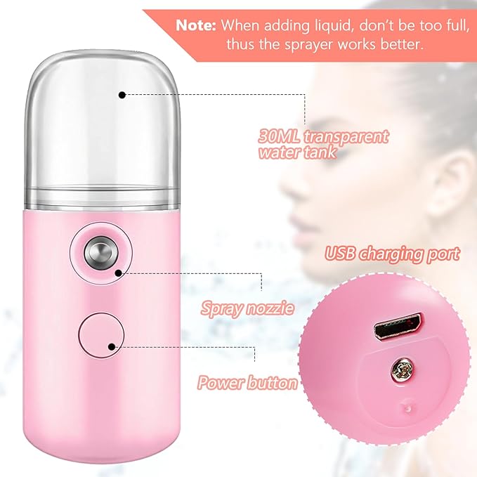 Mudder 4 Pcs Nano Facial Mister Handy Nano Mist Sprayer 30ml Visual Water Tank Portable Face Steamer Mini USB Mister for Lash Extensions, Skin Care, Makeup(White, Black, Light Pink, Pink)