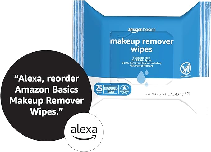 Amazon Basics Makeup Remover Wipes, Fragrance-Free, Alcohol-Free, Gentle Cleansing, Plant-Based, Dermatologist Tested, Removes Waterproof Mascara, Resealable, 25 Count, 1-Pack