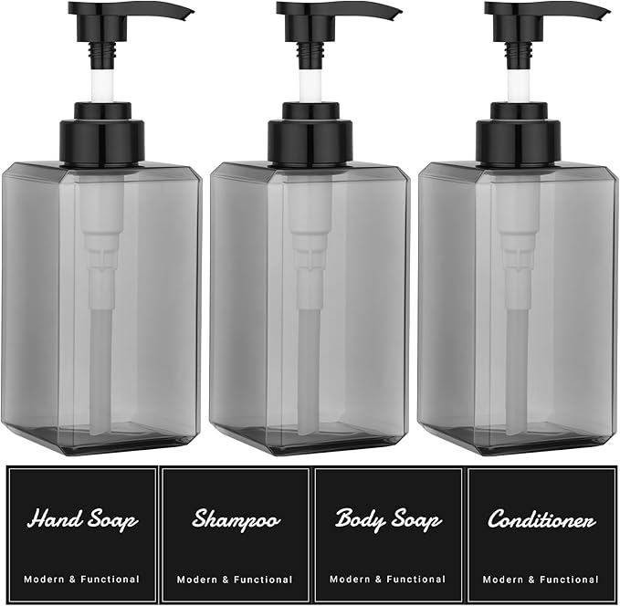 Suream Plastic Soap Dispenser 15oz/450ml, 3 Packs Shampoo Bottles Refillable with Pump and Labels, Body Wash Dispenser for Shower, Shampoo Container for Soap Cream Lotion Gel(Grey)