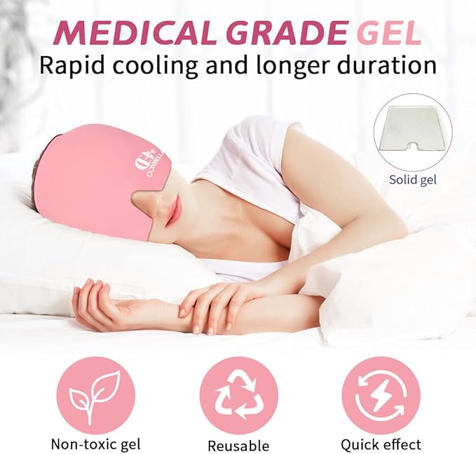 Migraine Relief Cap, Soothing Headache Ice Face Mask Products, Hot and Cold Therapy, Migraine Headache Relief Cap for Migraine, Sinus, Puffy Eyes, Tension, Stress and Hangover (Pink+Green)