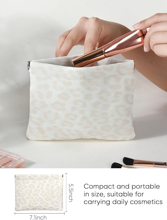 Leopard Leather Small Makeup Pouch for Women,Cosmetic Accessories,Waterproof and Portable Cosmetic Bag,Self-closing, No Zipper, Aesthetic Storage Pouch,Lipstick for Purse,Light Yellow