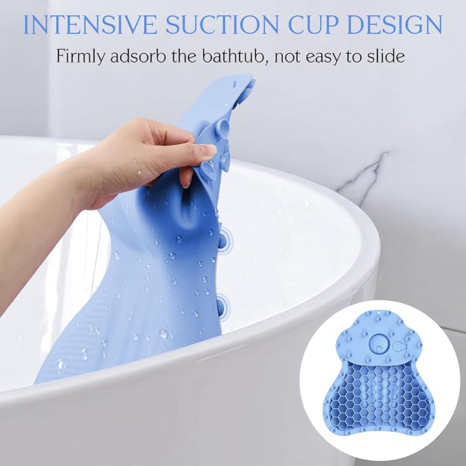 Silicone Bath Pillow, New Material Bath Pillows for Tub Head Neck and Back Support, Bath Tub Pillow with 4D Press Inflatable Airbag and Non-Slip Strong Suction Cups, Quick-Drying, Easy to Store, Blue