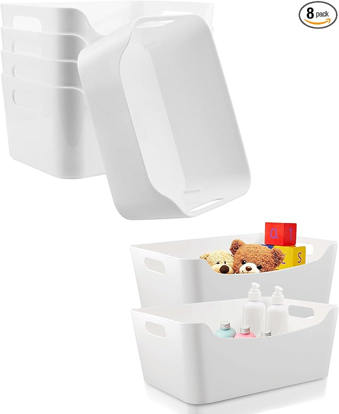 Ytteve Medium 8-Pack White Plastic Storage Bins - 9.5"x6.7"x4.1" Shelf & Cabinet Organizer Bins for Closet, Kitchen Pantry, Bathroom, Office