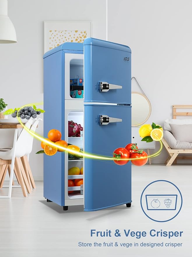 Mini Fridge Compact Refrigerator Small Refrigerator 7 Level Adjustable Thermostat Removable Shelves with Stainless Steel 2 door for Office Dorm Apartment 3.5 Cu.Ft Blue