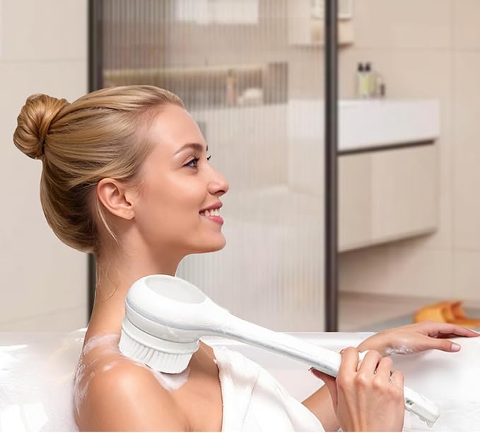 Electric Body Brush Back Scrubber for Shower, Waterproof Long Dual Handle Power Body Scrubber with 3 Heads, Bath Brush & 2 Speeds, for Cleansing, Exfoliating and Massaging Skin, Milk White