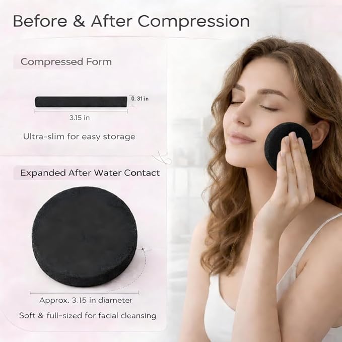 120 PCS Compressed Facial Sponges, Natural Cellulose Face Cleaning Pads, Professional Spa-Grade Makeup Remover Sponges for Daily Cleansing,Compact Travel-Friendly Skincare Essentials (black)