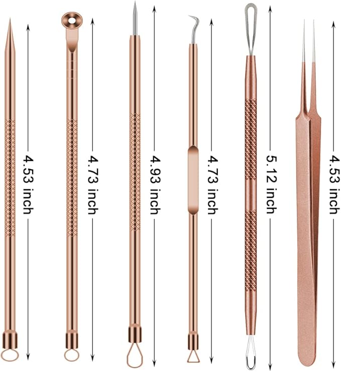 Pimple Popper Tool Kit, 6 Pcs Blackhead Remover Acne Needle Tools Set Removing Treatment Comedone Whitehead Popping Zit for Nose Face Skin Blemish Extractor Tool - Rose Gold