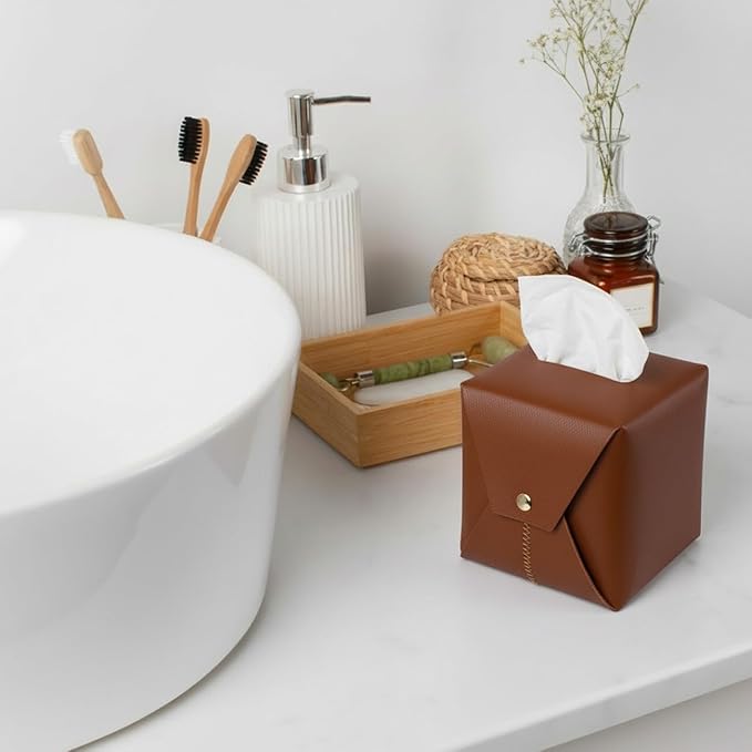 Tissue Box Cover Square, Leather Tissue Holder Organizer with Side Snap for Bathroom, Vanity, Tabletop, Office (3Pack-Mix)