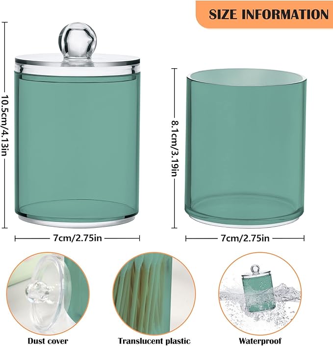 Teal Green Retro Qtip Holder Organizer Dispenser Cotton Swabs Cans Plastic Jars with Lid Set 4 Pack Bathroom Storage Canister for Cotton Ball Floss Cotton Pads