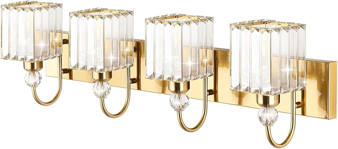 Ralbay Crystal Gold Bathroom Vanity Lights 4-Lights Vanity Lights Over Mirror Modern Crystal Gold Bathroom Wall Lighting Fixtures