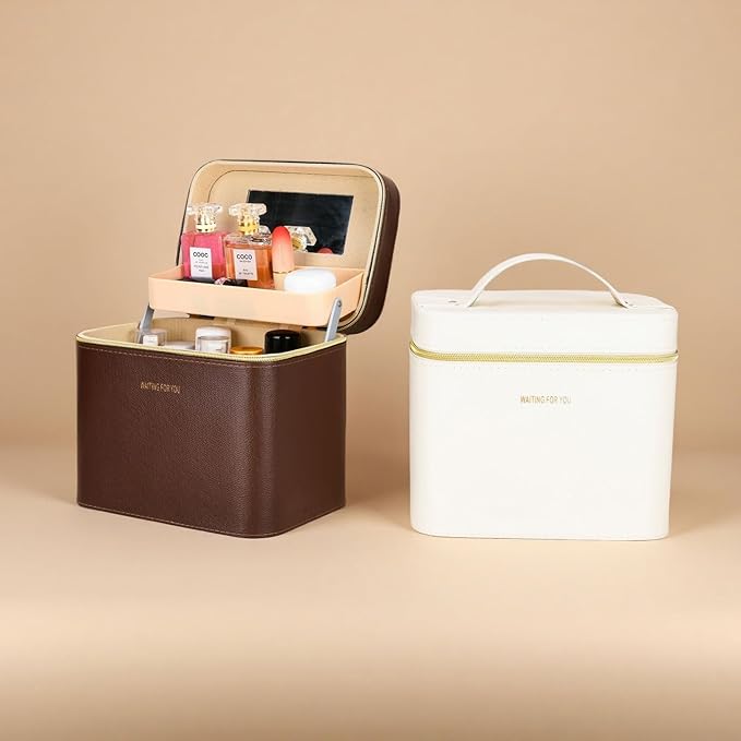 Fashion makeup box, Portable leather hard cosmetic case with mirror, Sturdy train case make up box for women adults. (Double- yellow)