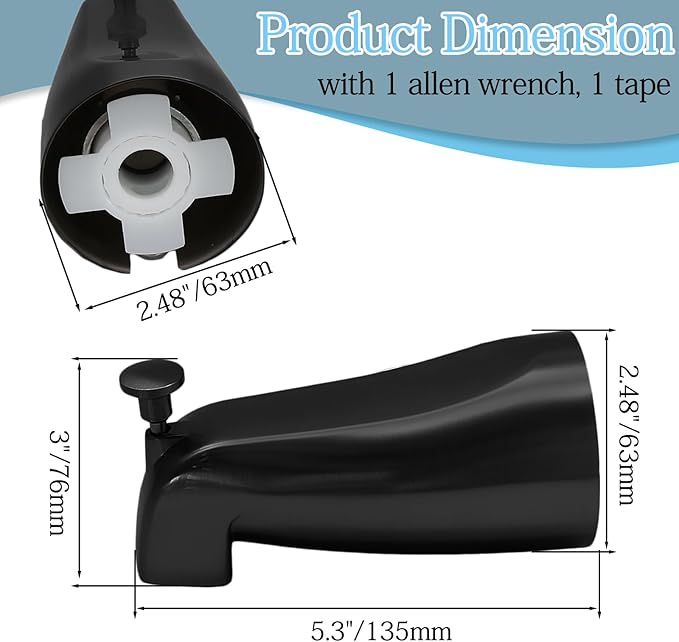 Luomorgo 1 Pc Bath Tub Spout with Diverter, Black Tub Spout Universal Fits 1/2" Copper Water Pipe, Bathroom Shower Bathtub Faucet Spout with Hex Wrench, Thread Tape