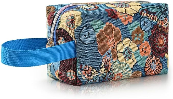 Rectangular Makeup Bag Small Cute Cosmetic Bags for Women，Floral Travel Toiletry Bag for Purse, Canvas Cosmetic Pouch Makeup Organizer Tool Pouch with Zipper（Garden Blue）