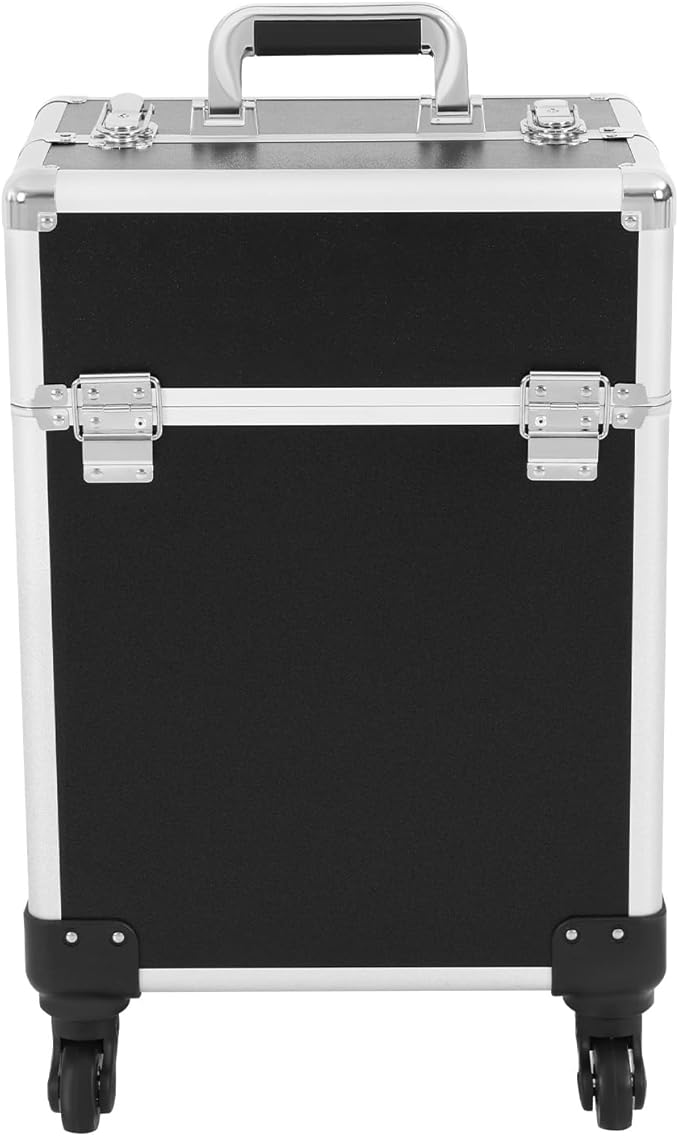 Professional Rolling Makeup Case with Retractable Handle, Aluminum Alloy Cosmetic Organizer with Locks & Wheels, Large Capacity Beauty Travel Case for Makeup Artists, Black