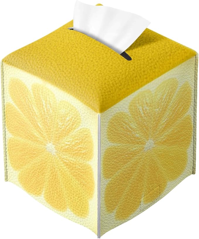 Cute Fruit Tissue Box Cover Funny Yellow Lemon Leather Tissue Box Holder Square Facial Paper Organizer Dispenser for Bathroom Kitchen Bedroom Vanity Countertop Night Stands