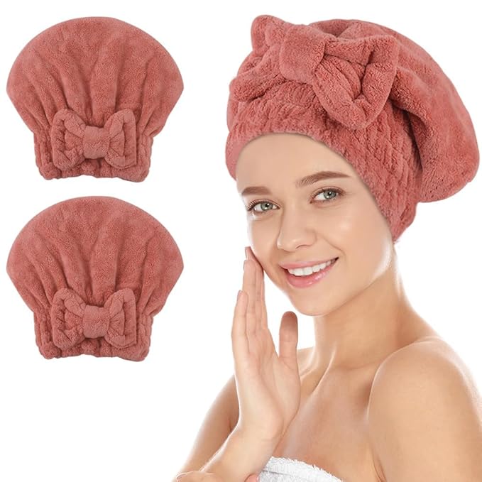 SUNLAND Large Microfiber Hair Drying Caps with Bow Knot Fast Drying Shower Cap Soft and Absorbent hairWrap Hair Turban Bath Caps for Curly Thick and Wet Hair 11 X 13.4 inch 2 Pack Red