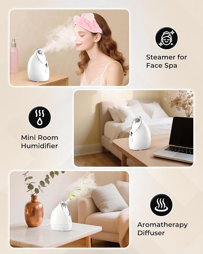 Kingsmile Facial Steamer for Face, 3 in 1 Face Steamer for Facial Deep Cleaning, Compact Nano Steamer - Aromatherapy, Adjustable Nozzle Warm Steam for Home SPA, Face Steamer for Sinuses with Hairband