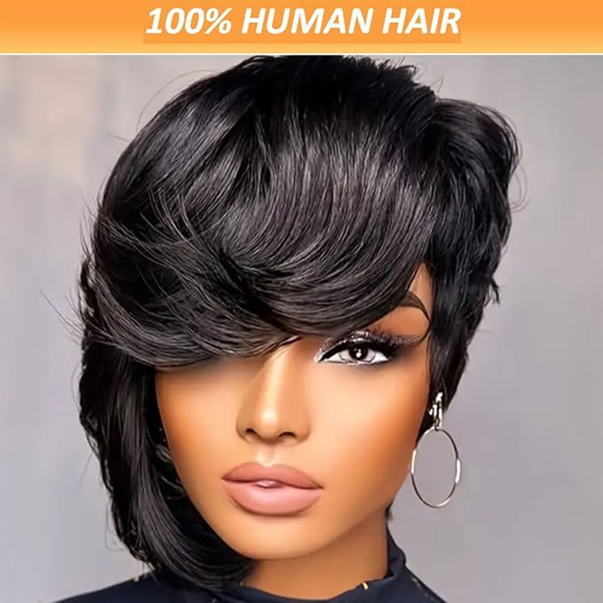 Adette Brazilian Remy Human Hair Pixie Cut Wig - Side Part and Layered 8 Inch Short Straight Style 180% Density with Rose Net Cap for Black Women