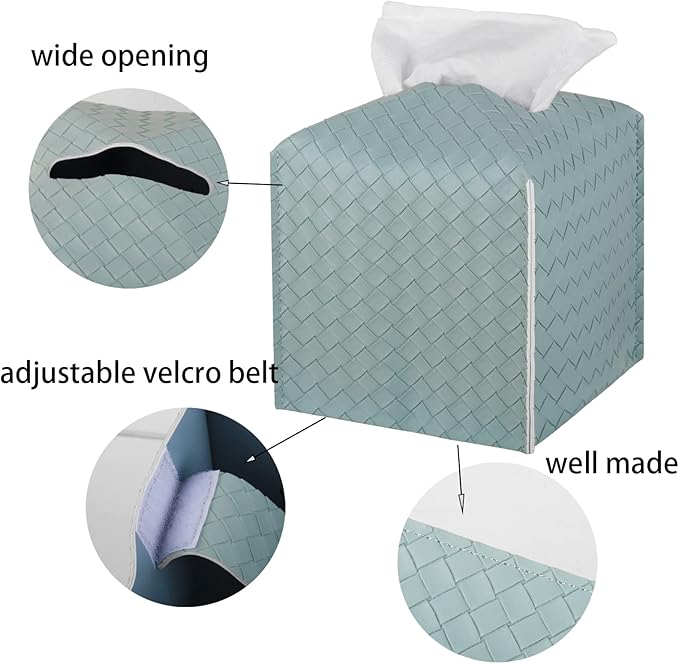 Tissue Box Cover PU Leather Tissue Holder Square Facial Tissue Case Facial Paper Organizer Dispenser for Bathroom, Vanity Countertop, Tabletop, Car, PowderBlue