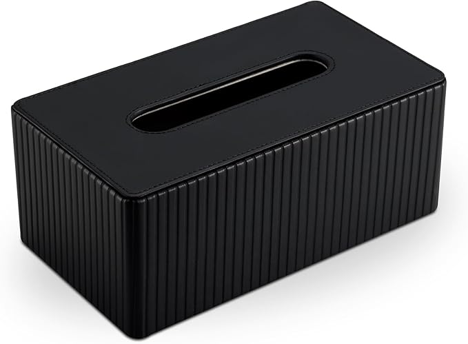 KINGFOM PU Leather Tissue Box Cover Rectangular Tissue Box Holder with Magnetic Bottom, Napkin & Facial Tissue Holder Dispenser for Home, Office for Standard 120-count/160-count (2-Ply) Black Stripe