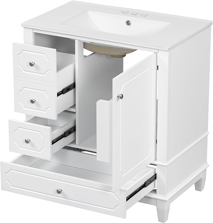 30" Bathroom Vanity with Sink, Harper & Bright Designs Free Standing Single Vanity Set with 3 Drawers and One Door with Storage Racks, Solid Wood Storage Cabinet with Ceramic Basin for Bathroom, White