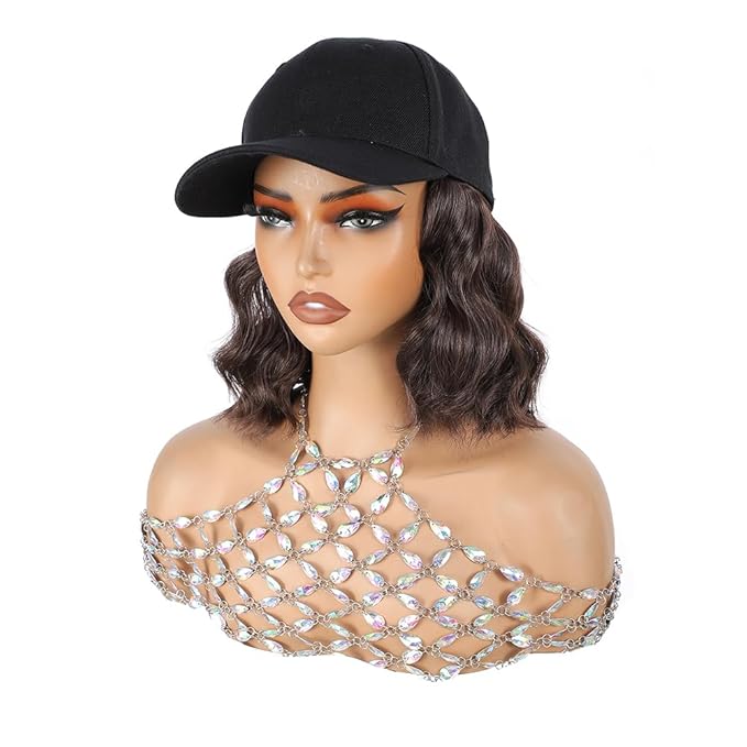 GUOJIAN Hat Wigs for Women 6' Short Wave Baseball Cap Wigs with Curly Hair Extensions Synthetic Wave Wig Adjustable Hat with Hair Attached for Daily Use (#4, 6inch)