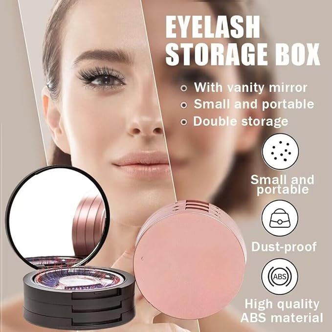 Eyelash Storage Box-2 Pack Eyelash Holder Case with Mirror 3Layers Circle Eyelash Box with Lash Holder Empty Makeup Case Travel for Women and Girls(Black,Rose Gold)